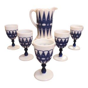 Phoenix Milk Glass Lacy Blue Dew Drop 8" Pitcher w 5 Goblets Vintage